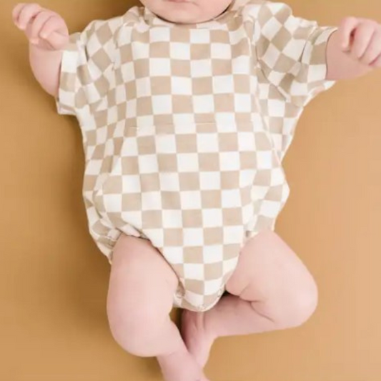 Beige Checkered Short Bubble Romper