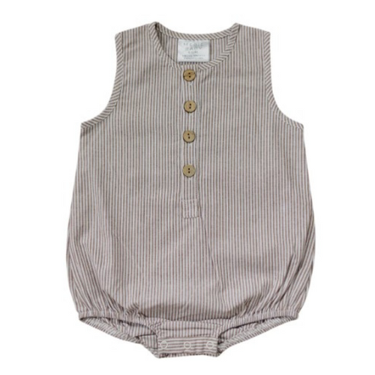 Camel + White Striped Linen Bubble Romper  | 0-3 mo to 2T